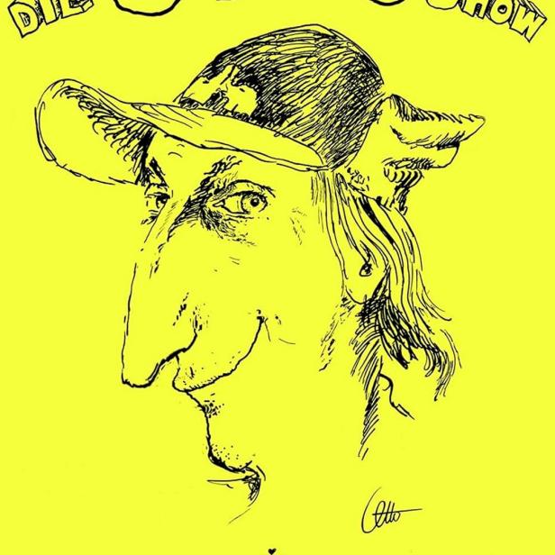 Eine Karikatur von Otto Waalkes auf einem gelben Hintergrund, Werbung für „Die originalen Otto-Shows“.