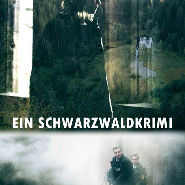 Das Filmplakat für „Ein Schwarzwaldkrimi“ zeigt eine Frau und Polizisten vor einem Wald.