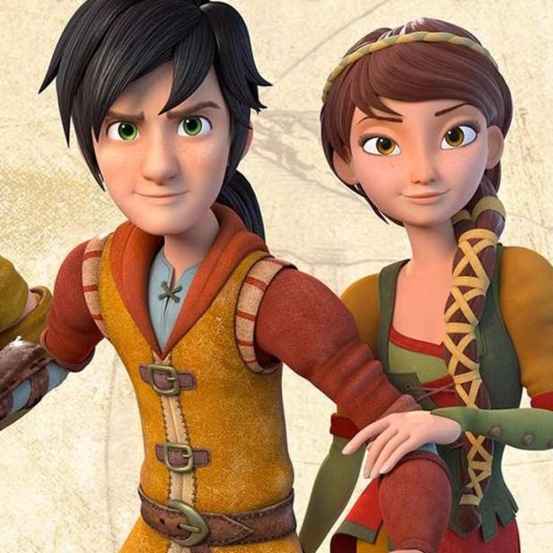 Ein animiertes Bild von Leo da Vinci und einem Mädchen vor einem beigen Hintergrund.