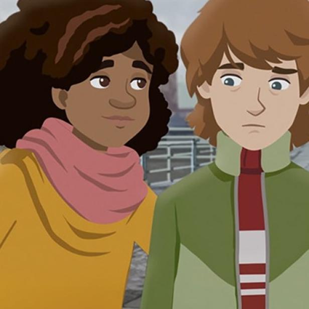 Zwei animierte Teenager stehen vor dem Titel „Im Labyrinth der Lügen“.