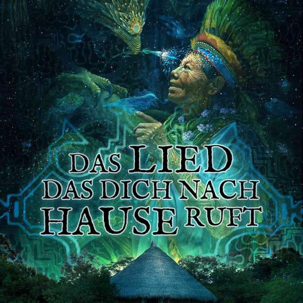 Ein Schamane mit Kopfschmuck und ein traditionelles Haus unter einem Sternenhimmel.