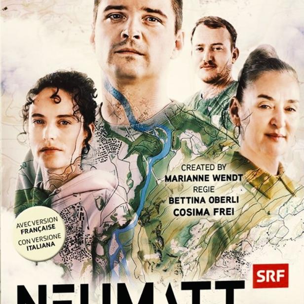 Das Cover der dritten Staffel der Fernsehserie „Neumatt“ mit den Schauspielern Julian Koechlin, Rachel Braunschweig, Sophie Hutter und Jérôme Humm.