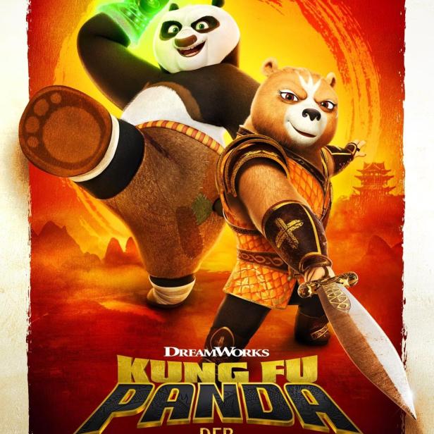 Das Filmplakat für „Kung Fu Panda: Der Drachenritter“ zeigt Po und ein weiteres Bärenwesen.