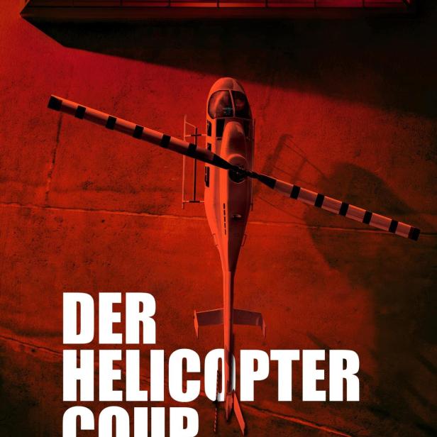 Ein Hubschrauber steht vor einem Gebäude, im Vordergrund der Titel „Der Helicopter Coup“.