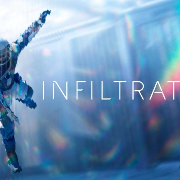 Ein Astronaut schwebt vor dem Titelbild der Apple TV+ Serie „Infiltration“.