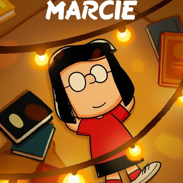 Eine Illustration von Marcie aus der „Peanuts“-Reihe, umgeben von Büchern und Lichtern.
