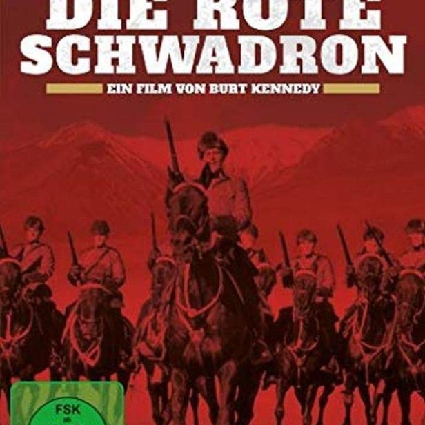 Das Filmplakat für „Die Rote Schwadron“ zeigt eine Kavallerie vor rotem Himmel.
