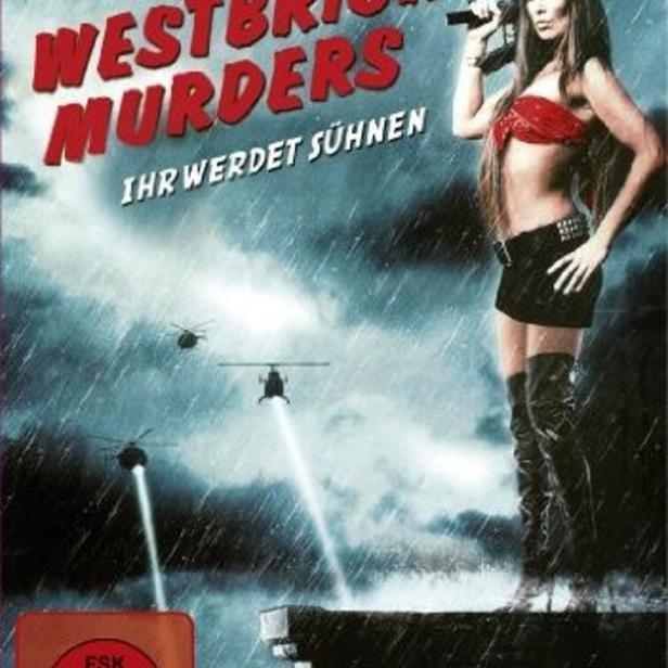 Das Filmplakat für „Westbrick Murders“ zeigt eine bewaffnete Frau vor einem stürmischen Himmel mit Hubschraubern.