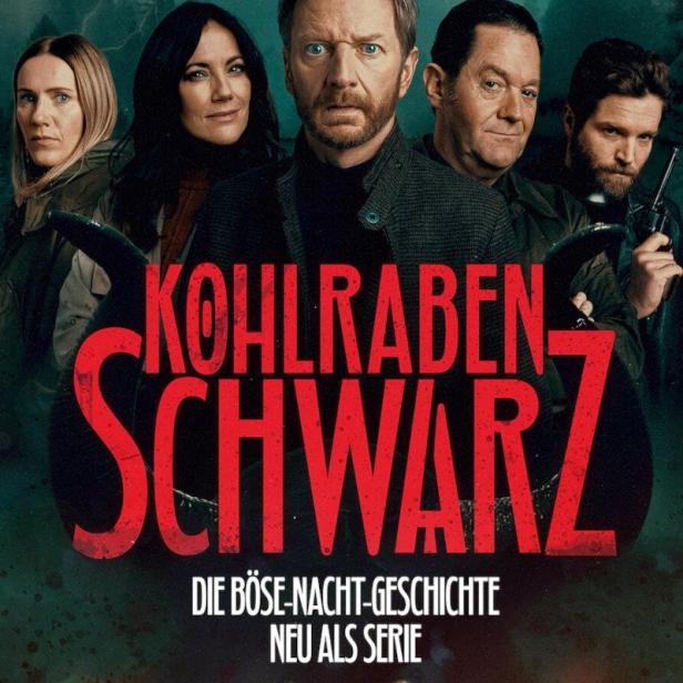 Das Filmplakat für die Serie „Kohlrabenschwarz“ auf Paramount+ zeigt die Hauptdarsteller vor dunklem Hintergrund.