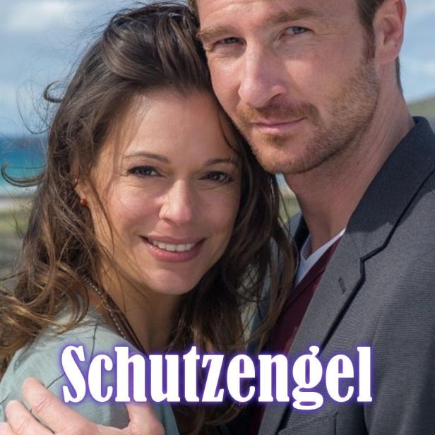 Das Filmplakat für „Schutzengel“ zeigt ein Paar vor einer Küstenlandschaft.