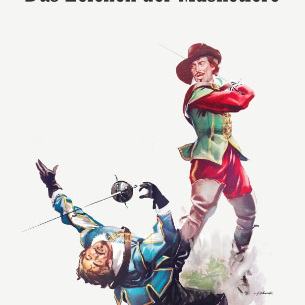 Zwei Musketiere kämpfen mit Degen, einer am Boden, der andere stehend.