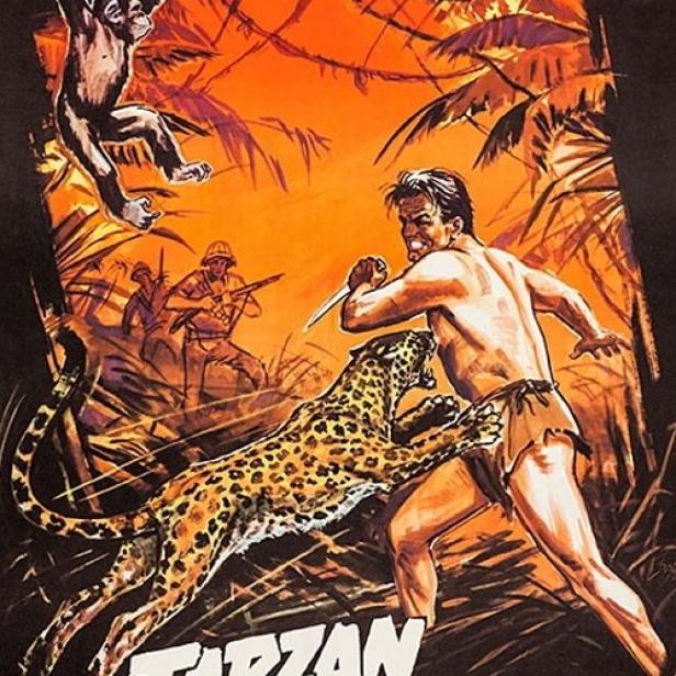 Das Filmplakat „Tarzan wird gejagt“ zeigt Johnny Weissmüller im Kampf mit einem Leoparden.