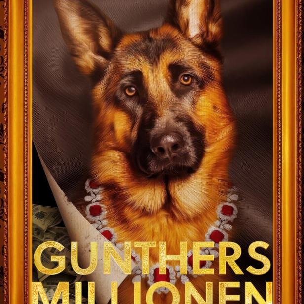 Ein Porträt von Gunther IV., einem Deutschen Schäferhund, mit einer Halskette und dem Titel „Gunthers Millionen“.