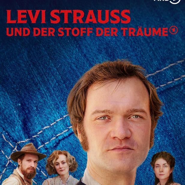 Das Filmplakat für „Levi Strauss und der Stoff der Träume“ zeigt Levi Strauss und weitere Personen vor Jeansstoff.
