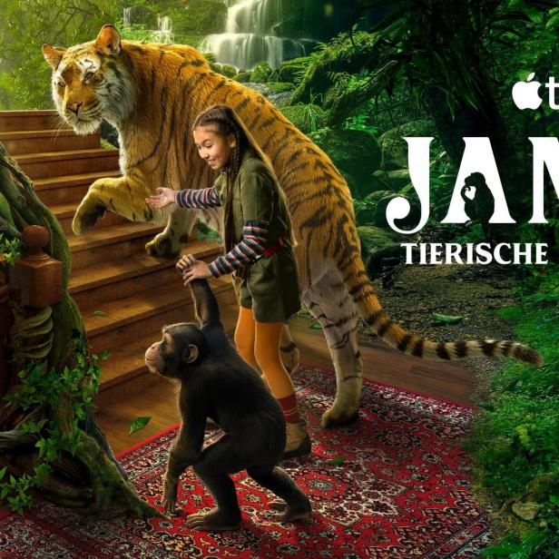 Ein Mädchen, ein Junge, ein Tiger und ein Schimpanse auf einer Treppe für „Janes tierische Abenteuer“.