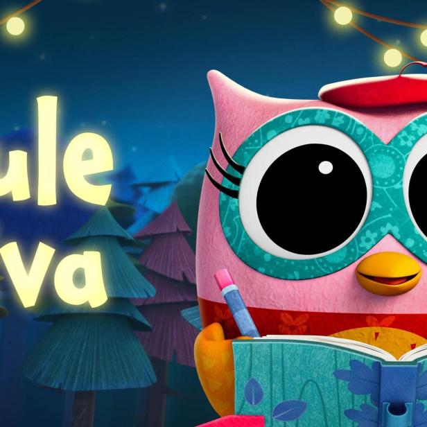 Eine stilisierte Eule mit einem Buch, beworben auf Apple TV+.