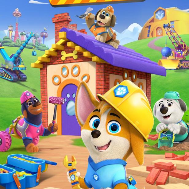 Das Poster für „Baustelle – Alle Pfoten packen an“ mit animierten Bauarbeiter-Welpen.