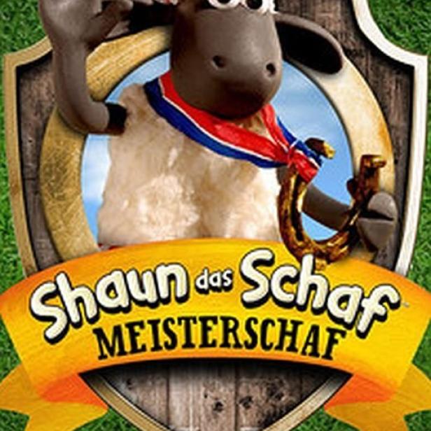 Shaun das Schaf präsentiert sich als Meister mit Medaille und Hufeisen vor einem Wappen.