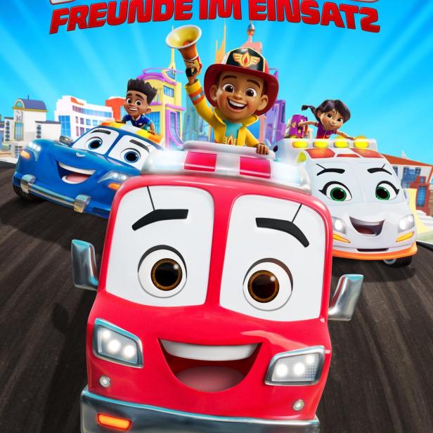 Das Poster für „Firebuds – Freunde im Einsatz“ zeigt animierte Kinder und Fahrzeuge.