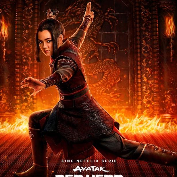Eine Frau in roter Rüstung posiert auf dem Poster für „Avatar: Der Herr der Elemente“.