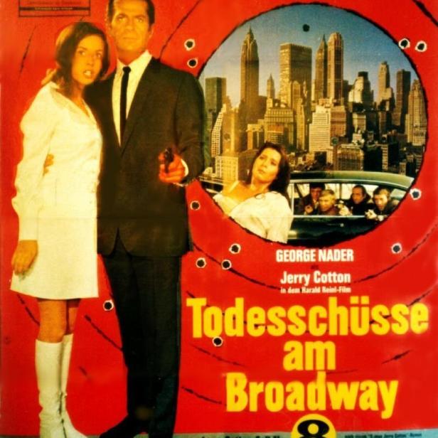 Das Filmplakat für „Todesschüsse am Broadway“ mit George Nader als Jerry Cotton.