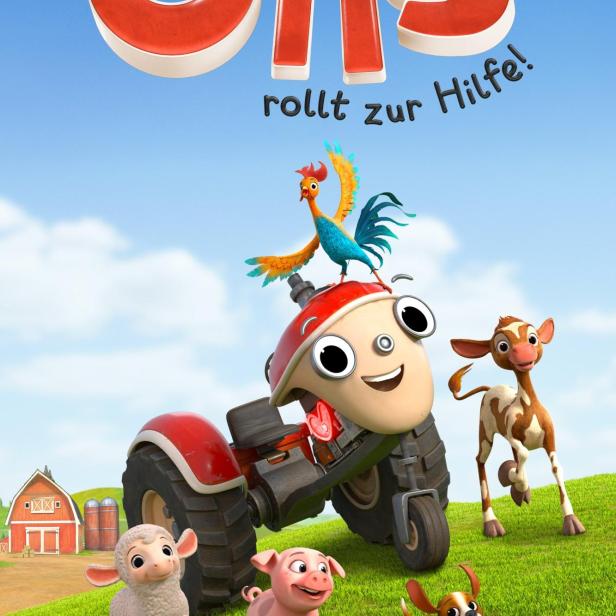Das Poster für „Otis rollt zur Hilfe!“ zeigt Otis, den Traktor, mit seinen Tierfreunden auf einer Wiese.