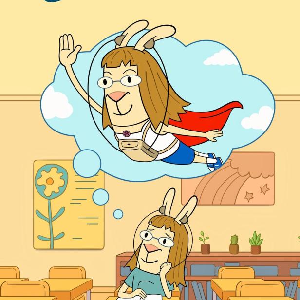Eine anthropomorphe Häsin sitzt in einem Klassenzimmer und träumt davon, als Superheldin zu fliegen.