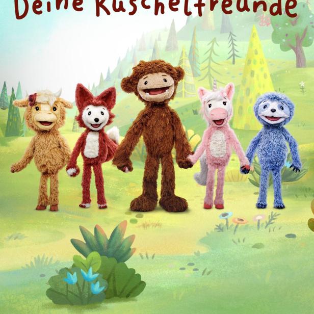 Das Poster für „Slumberkins“ zeigt fünf Stofftierfiguren in einer bunten Landschaft.