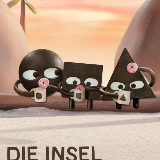 Kreis, Quadrat und Dreieck halten Tassen mit Donuts auf der „Insel der Formen“.