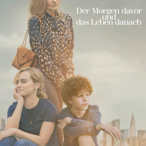 Das Filmplakat für „Der Morgen davor und das Leben danach“ zeigt drei Personen vor einer Stadtsilhouette.