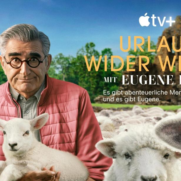 Das Werbeplakat für „Urlaub wider Willen“ mit Eugene Levy und vielen Schafen.