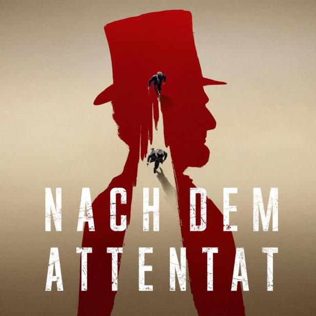 Das Filmplakat für „Nach dem Attentat“ zeigt eine rote Silhouette eines Mannes mit Zylinder, in der zwei Männer rennen.