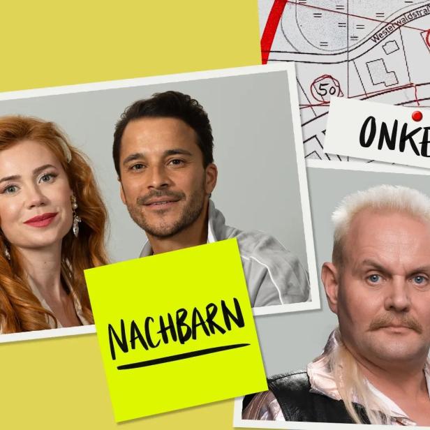 Collage mit Fotos von Nachbarn, einem Onkel und einem Stadtplan.