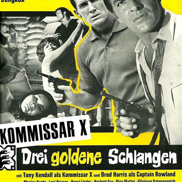 Das Filmplakat für „Kommissar X – Drei goldene Schlangen“ zeigt Tony Kendall mit einer Waffe.