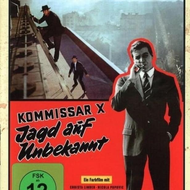 Das Filmplakat für „Kommissar X – Jagd auf Unbekannt“ zeigt Tony Kendall mit Zigarette.