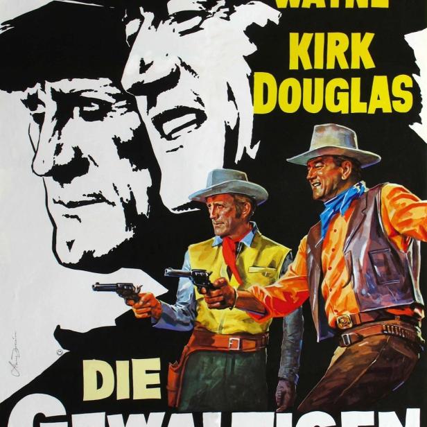Das Filmplakat für „Die Gewaltigen“ mit John Wayne und Kirk Douglas als Cowboys.