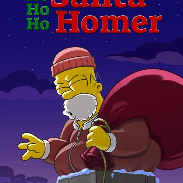Homer Simpson als Weihnachtsmann auf einem Schornstein mit der Aufschrift „Santa Homer“.