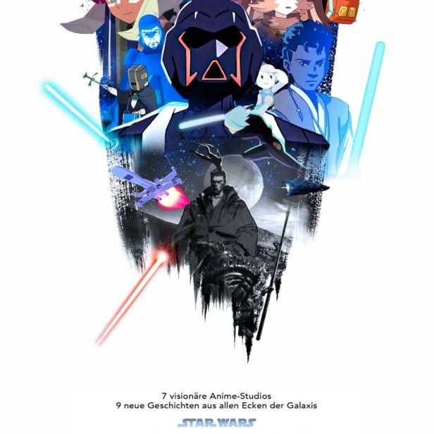 Das animierte Poster für „Star Wars: Visionen“ zeigt verschiedene Charaktere und Raumschiffe.