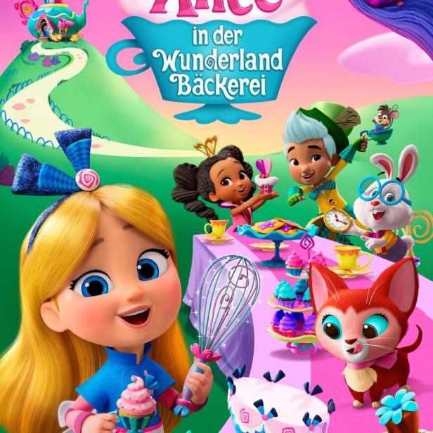 Das farbenfrohe Poster für „Alice in der Wunderland Bäckerei“ von Disney Junior zeigt Alice und ihre Freunde.