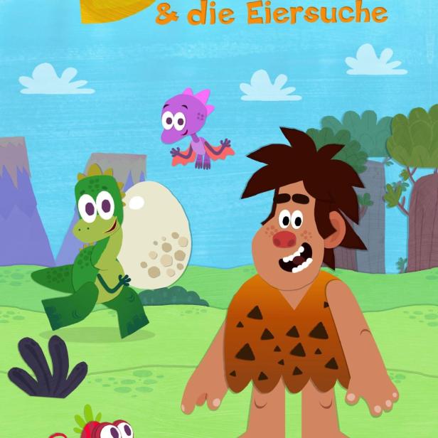 Cartoon-Illustration für „Dino & die Eiersuche“ mit Dinosauriern und einem Höhlenmenschen.