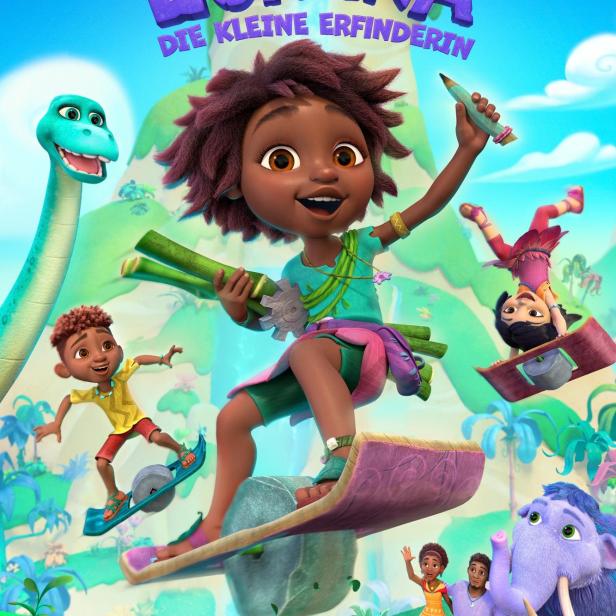Das Poster für „Eureka! Die kleine Erfinderin“ zeigt die Hauptfigur auf einem schwebenden Brett, umgeben von Freunden und Dinosauriern.