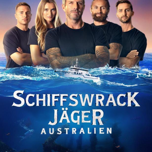 Das Poster für „Schiffswrack-Jäger Australien“ zeigt fünf Personen und ein Schiff über dem Meeresboden.