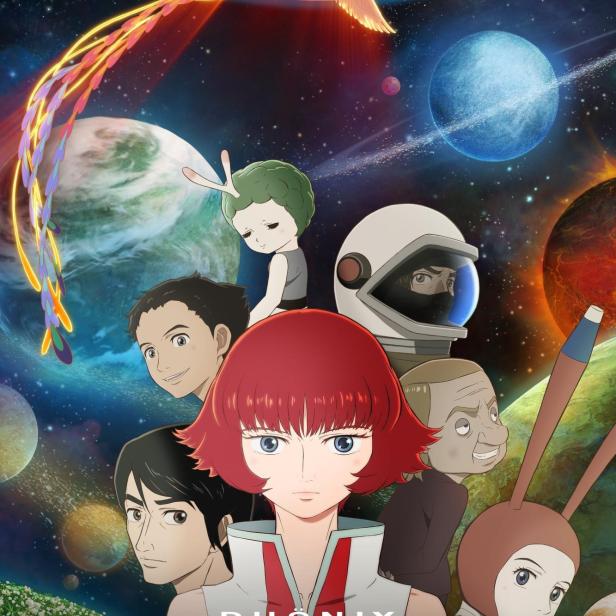 Das Poster für „Phoenix: Eden17“ zeigt eine Gruppe von Charakteren vor einem Weltraumhintergrund mit einem Phönix.