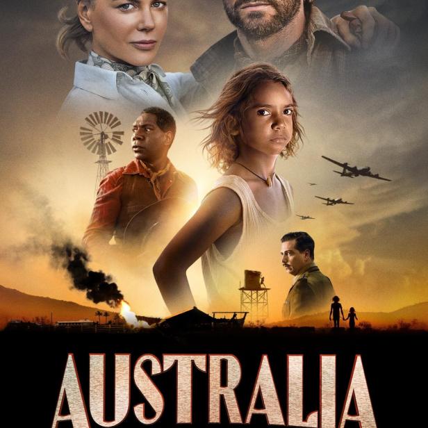 Das Filmplakat für „Australia: Die Serie“ zeigt Nicole Kidman, Hugh Jackman und andere vor einer australischen Landschaft.