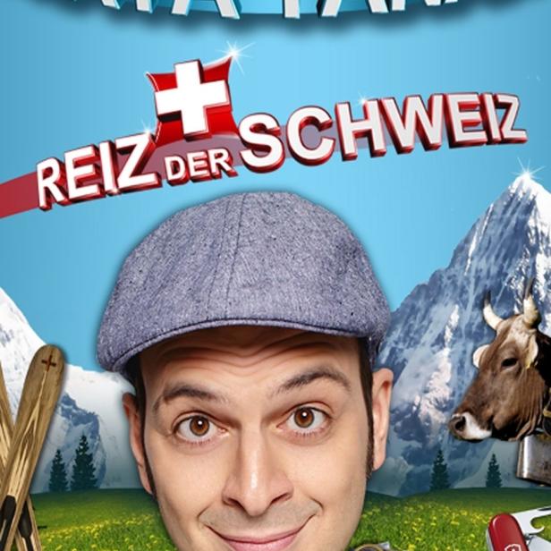 Das Poster für Kaya Yanars Show „Reiz der Schweiz“ zeigt ihn vor Schweizer Symbolen.