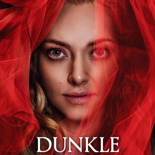 Das Filmplakat für „Dunkle Enthüllung“ zeigt das Gesicht von Amanda Seyfried, umrahmt von rotem Stoff.