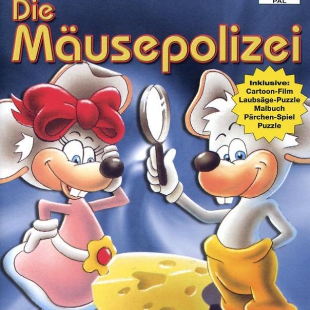 Das Cover des PlayStation 2-Spiels „Die Mäusepolizei“ mit zwei Cartoon-Mäusen und einem Käsestück.