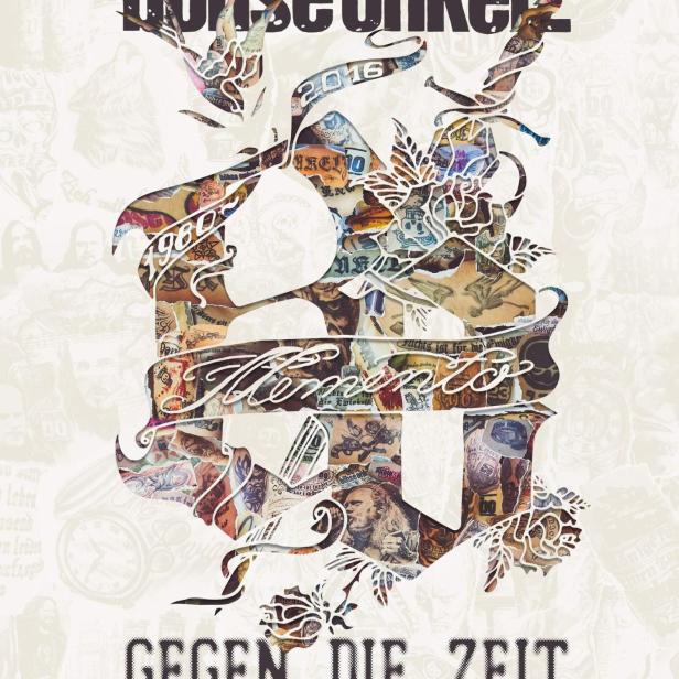 Das Cover der Dokumentation „Gegen die Zeit“ von den Böhsen Onkelz zeigt eine Collage mit dem Bandlogo.