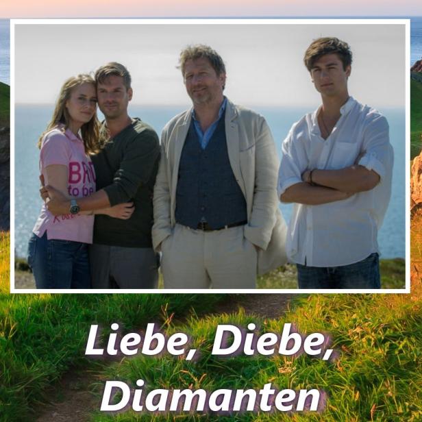 Das Cover von Rosamunde Pilchers „Liebe, Diebe, Diamanten“ zeigt vier Personen an der Küste.