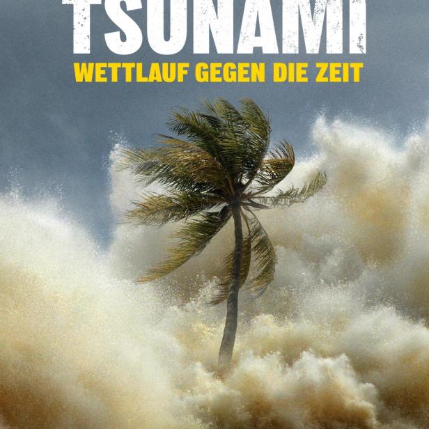 Eine Palme wird von einer Tsunami-Welle überspült.